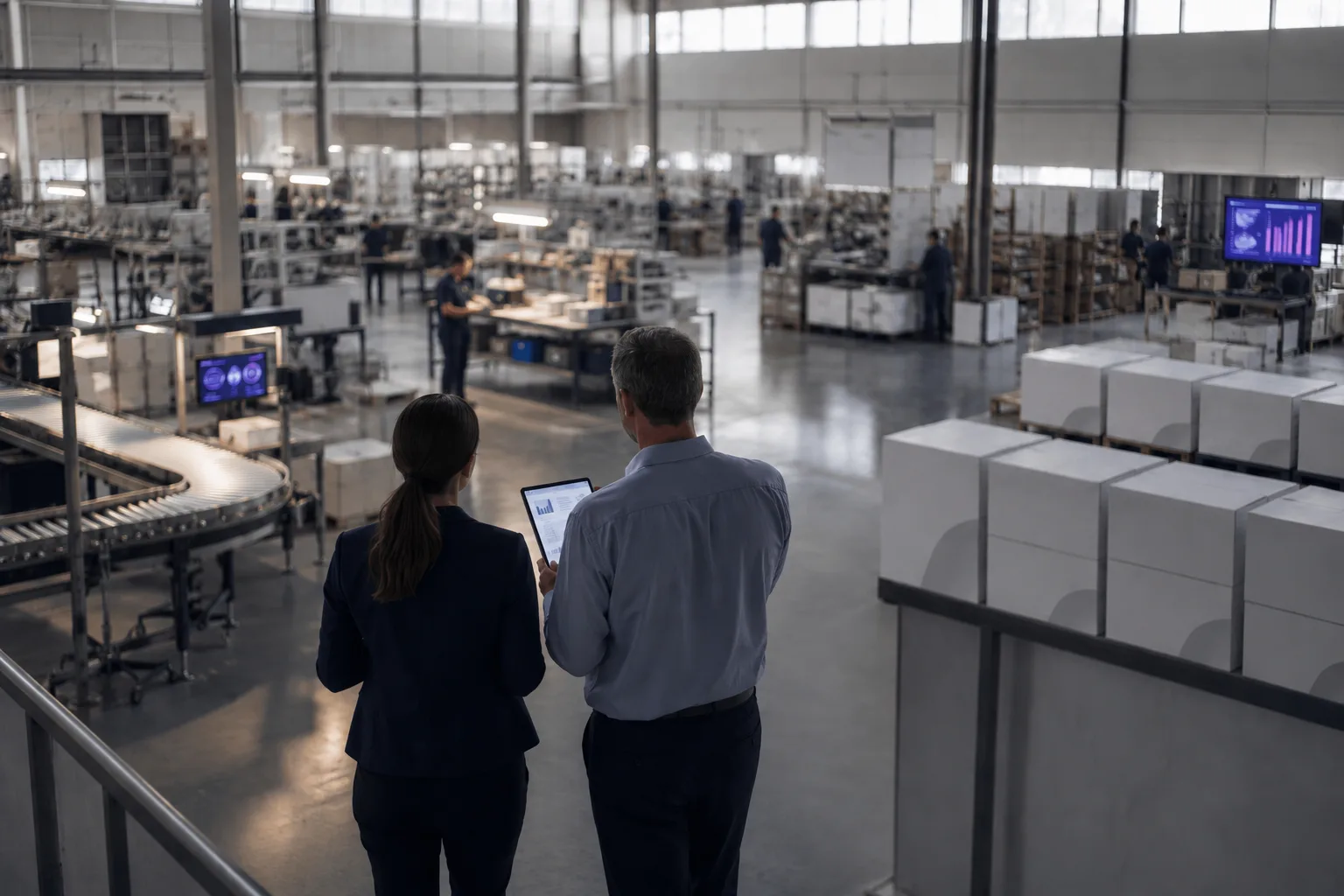 Two consultants reviewing a tablet while overlooking a working fulfillment floor